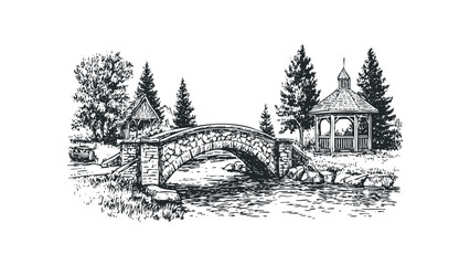 Hand-drawn sketch of a stone bridge over a creek with a gazebo and trees. Vector hand drawn illustration