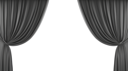 Elegant gray curtains draped at the sides, creating an inviting frame for a stage or display, set against a solid black background.