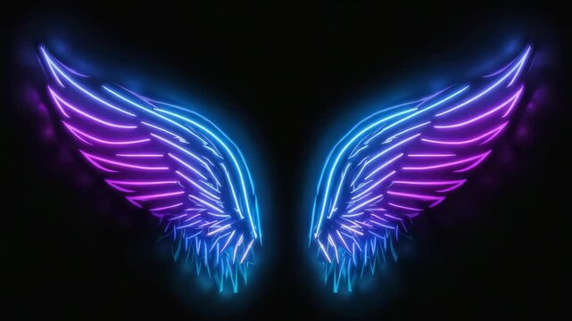 Two glowing neon angel wings in blue and purple colors are radiating a magical aura on a dark background, creating a mystical and enchanting atmosphere