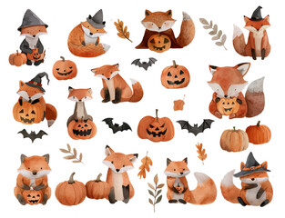 Watercolor foxes with pumpkins, bats, witch hats, autumn leaves, Halloween jack o lanterns. Cute fall woodland animals clipart set for kids and holiday design. Collection of Vector illustrations. 