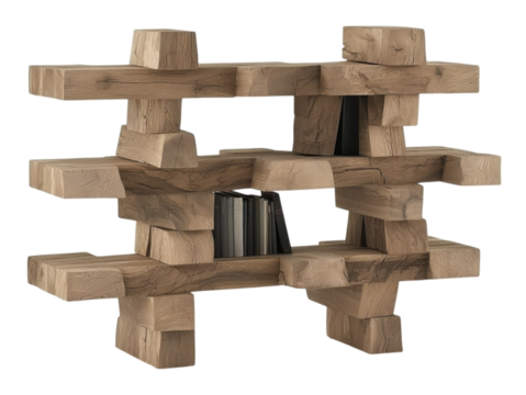 A uniquely designed wooden bookshelf with an artistic structure, featuring multiple layers and spaces for books.