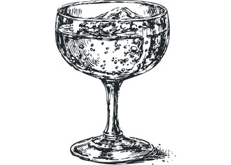 Sketch of a Glass Filled With Fizzy Beverage and Ice Cubes. Vector hand drawn illustration