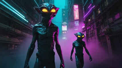 Two extraterrestrial beings with glowing eyes are exploring a futuristic city street illuminated by vibrant neon lights, creating a captivating scene of otherworldly urban exploration - Powered by Adobe