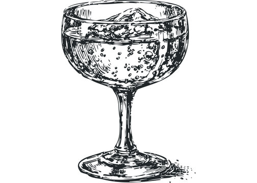 Sketch of a Glass Filled With Fizzy Beverage and Ice Cubes. Vector hand drawn illustration