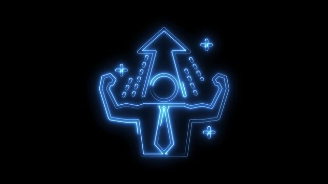 Glowing blue neon businessman icon flexing muscles with upward arrow progress and sparkling