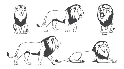 Lions in black and white line art vector, Black and white line drawings lions in different stances, including sitting, walking, roaring, and resting, highlighting their powerful forms © magic390