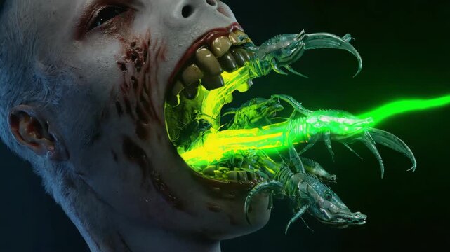 Emerging headcrab zombies erupt from the mouth of an infected human, creating a chilling scene filled with parasitic infestation and visceral body horror, evoking pure terror