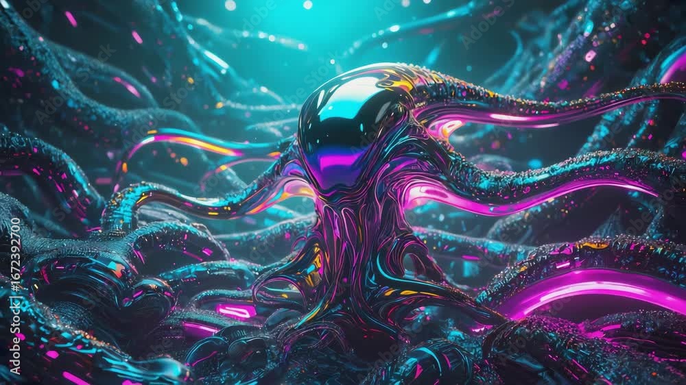 Wall mural metallic, shiny, colorful abstract form emerging from a network of tentacles, creating a visually st