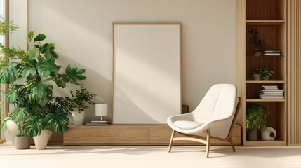 Modern Minimalist Living Room with White Armchair and Green Plants