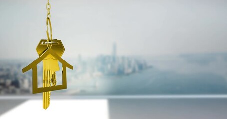 Animation of golden house model and key over drone shot of defocused cityscape against sky - Powered by Adobe