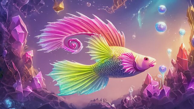 Vibrant rainbow fish with flowing fins swims gracefully through a mystical underwater cave filled with colorful crystals and glowing bubbles, creating a mesmerizing scene