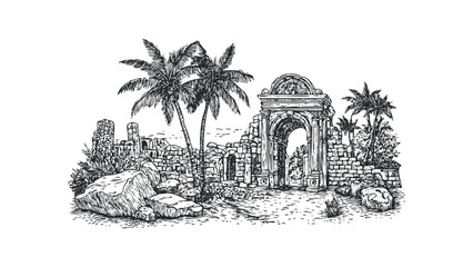 Sketch of Ancient Stone Ruins With Palm Trees and Ornate Archway. Vector hand drawn illustration