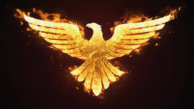 Burning eagle with spread wings rising from flames symbolizes strength, freedom, and rebirth, creating a powerful visual statement against a dark backdrop