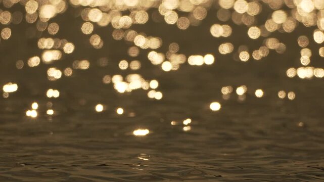 Water Sun Glimmer: Golden sunset reflections on calm water surface, creating bokeh effect.