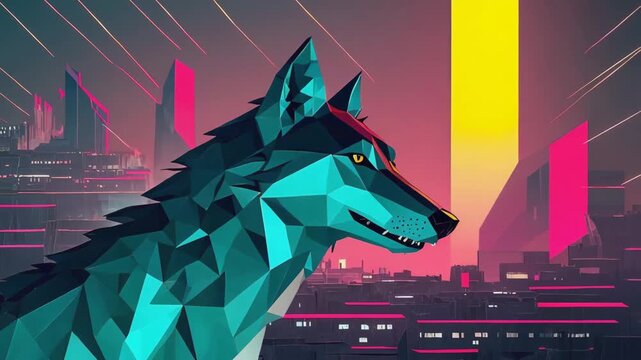 Low-poly wolf stands out against backdrop of futuristic cityscape with neon lights, capturing essence of cyberpunk aesthetic in digital art form
