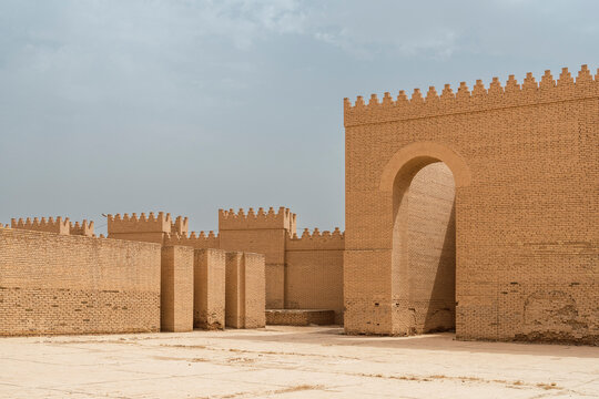 Ruins of ancient city walls in Babylon, Iraq
