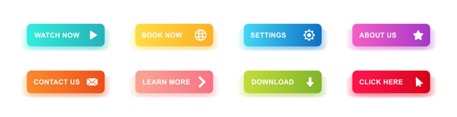 A set of colorful buttons with icons for user interaction in web navigation and digital design elements.