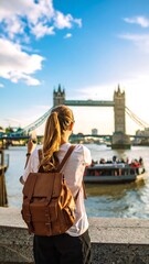 A woman with a brown leather backpack photographs Tower Bridge in London on a sunny day.