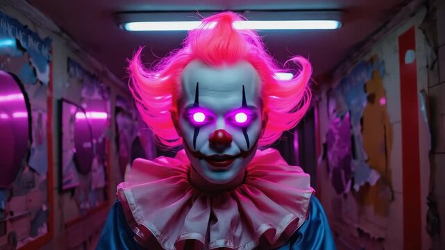 Creepy clown with vibrant pink hair and glowing eyes lurking in a dark, abandoned corridor, evoking a sinister and unsettling atmosphere filled with dread and fear