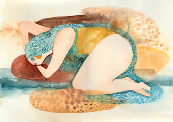 Woman is resting on riverside