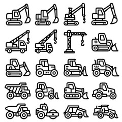 A collection of black outline icons depicting construction vehicles, including excavators, cranes, and bulldozers, ideal for engineering and building projects.