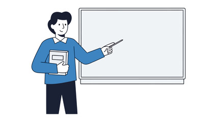 The Instructor's Presentation: A poised instructor, poised and in action, uses a pointer and a reference book to deliver a lesson or explain a concept, standing confidently before a blank whiteboard.