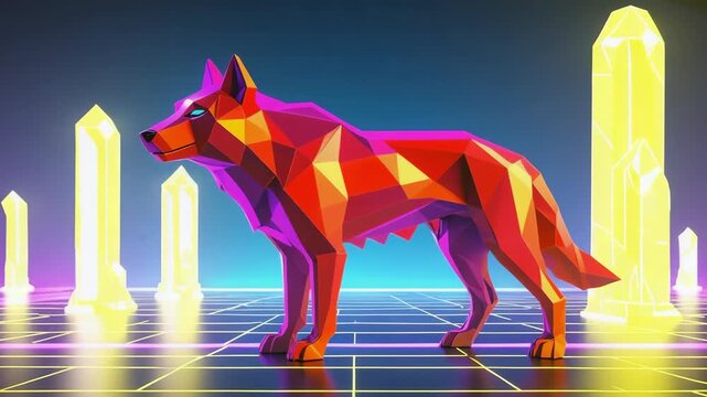 Red and orange low poly wolf standing in a neon retro futuristic landscape with glowing crystals, creating a vibrant and otherworldly scene