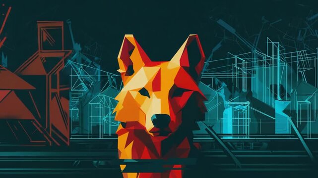Low poly wolf emerging from an abstract cityscape with geometric lines and shapes, creating a futuristic and mysterious atmosphere at night