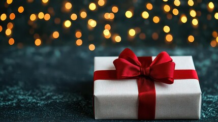 A beautifully wrapped gift box with a red ribbon against a backdrop of warm, sparkling lights creates a festive atmosphere.