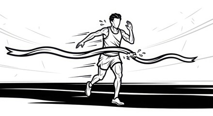 Athlete breaking through finish line ribbon victory moment runner crossing race track celebrates achievement sprinting speed endurance competition