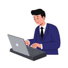 Man Typing on Laptop, Focused Work on Device, Isolated Background