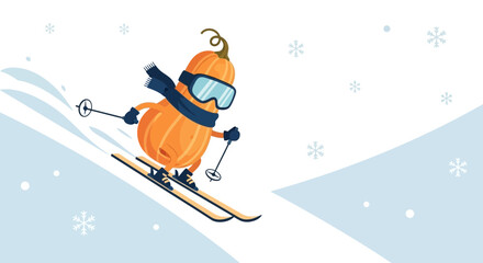 A Playful Pumpkin Person Skis Down a Snowy Slope in a Charming Winter Scene