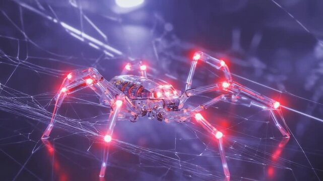 Transparent robot spider with red lights crawling on a web in a dark environment, showcasing futuristic technology and artificial intelligence