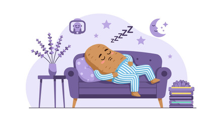 A Potato Asleep Comfortably On A Sofa, Dreaming While The Moon Watches Over It