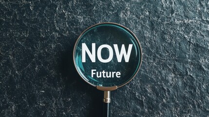 A magnifying glass highlighting the words "NOW" and "Future" against a textured background, symbolizing focus on the present and future possibilities.