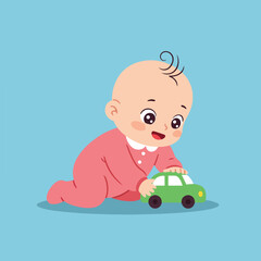 Fototapeta premium Baby plays with toy car on the floor