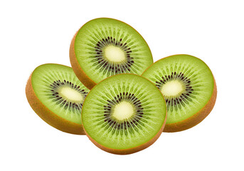 Fototapeta premium Fresh floating kiwi fruit slices with vibrant green flesh and seeds, ideal for food, tropical fruit, and healthy nutrition designs. isolated on white or transparent background. PNG