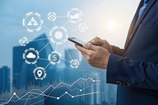 Businessman using mobile phone with abstract data analysis interface, technology and business concept - Powered by Adobe