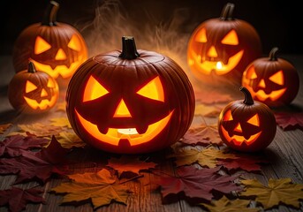 Fototapeta premium Photo of illuminated jackolanterns and autumn leaves create a spooky halloween ambiance, evoking the festive spirit of the season with warm, glowing light
