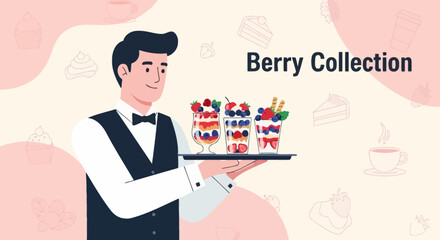 Obraz premium A Smiling Waiter Presents Berry Desserts on a Tray with Elegant Aesthetic Design
