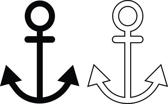 Anchor icons set in black flat and outline vectors designs, nautical marine navy boat ship yacht cruise dock harbor sailing emblem symbols illustration collection isolated on transparent background.