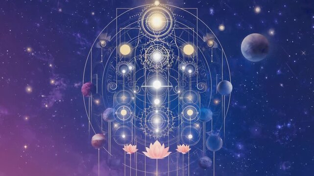 Complex sacred geometry design connecting planets and stylized lotus flowers against a backdrop of a colorful nebula and stars, creating a mystical and spiritual atmosphere