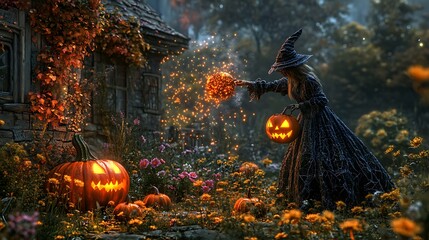 Fototapeta premium Witch conjuring magic with jack o lanterns near a spooky cottage photo