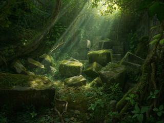 Sunlight beams through dense green foliage onto moss covered ancient stone ruins ancient ruins overgrown
