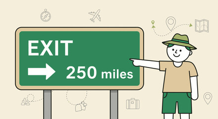 A Traveler Shows The Way To The next Exit With A Sign And An Illustration To Guide