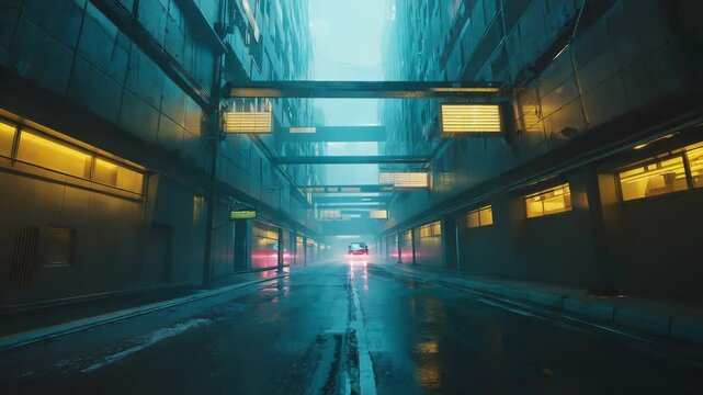 Futuristic flying car with pink neon lights hovering above wet asphalt road in dark cyberpunk city street with yellow illuminated windows at night