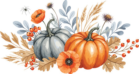 Watercolor pumpkins with floral and foliage arrangement, fall botanical illustration, autumn berries, Halloween design, seasonal rustic harvest composition