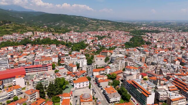 Aerial Drone Shot Flying Over The Ancient City Center Of Veria, Macedonia, Greece On A Bright Summer Afternoon.