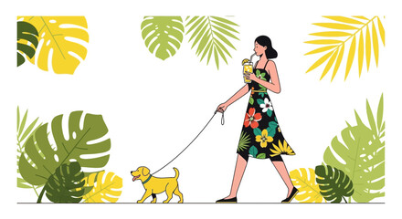 Naklejka premium A Woman Enjoying A Refreshing Drink Strolling With Her Adorable Dog In The Summer Heat
