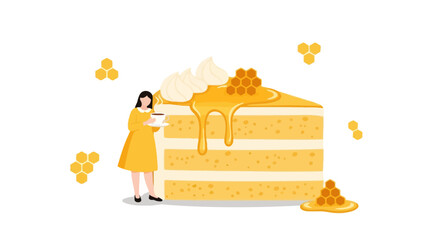 A Woman Enjoying Coffee With Honey Cake, Vector Illustration, Delicious Treat.